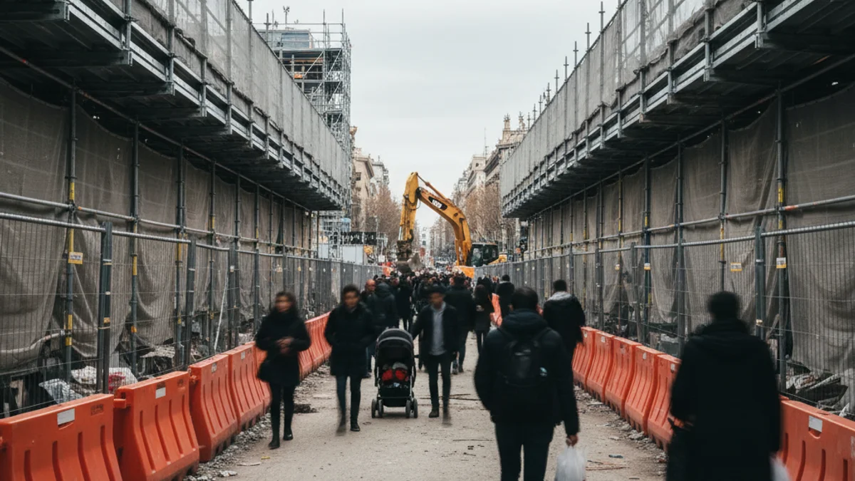 Una calle emblemática de Barcelona con vallas de obras y peatones paseando.