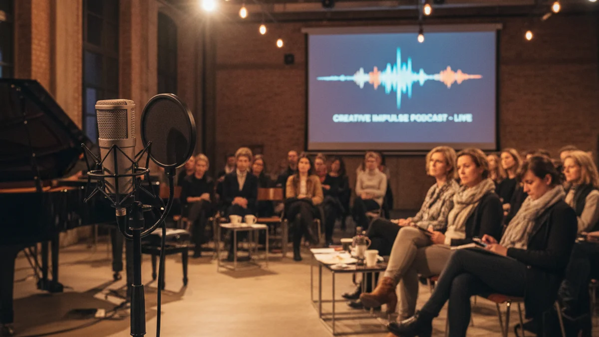 Imagen genérica de un micrófono de radio y un piano en un espacio industrial preparado para un evento.