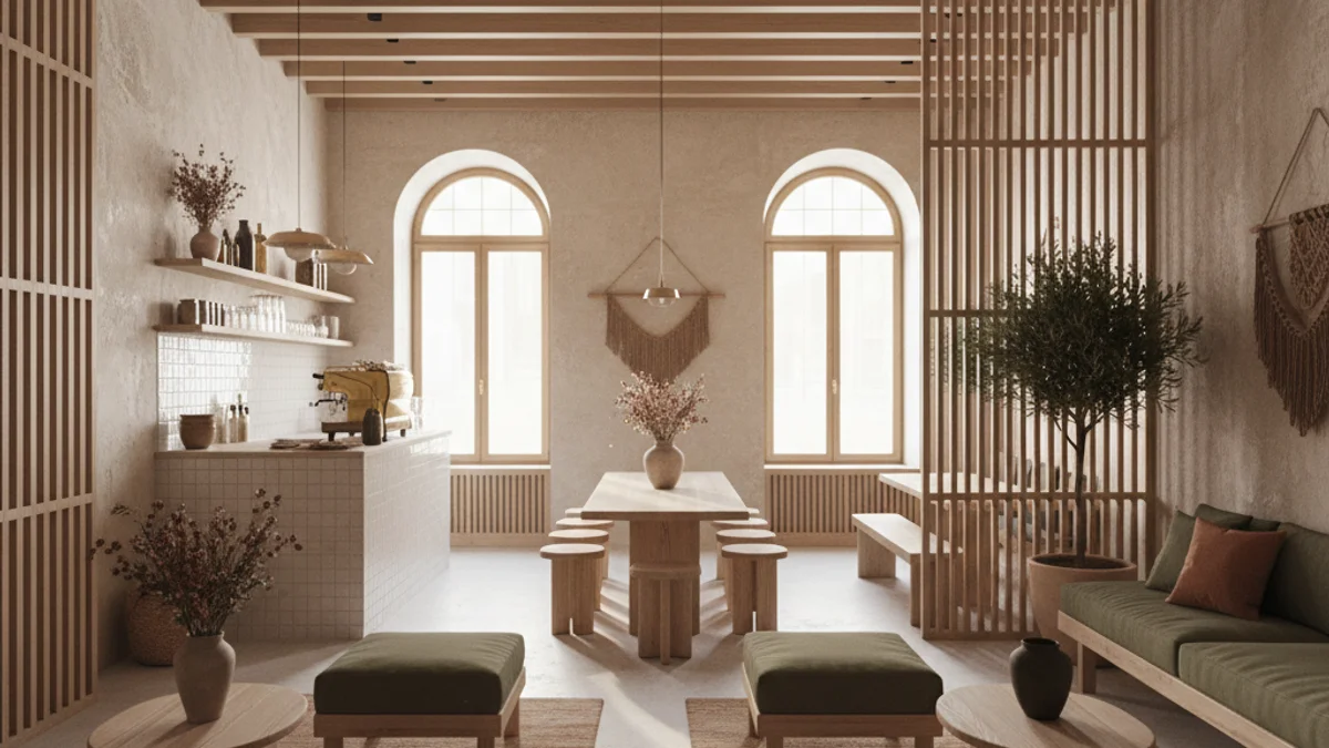 Imagen genérica del interior de un alojamiento moderno con diseño mediterráneo y acabats de madera.