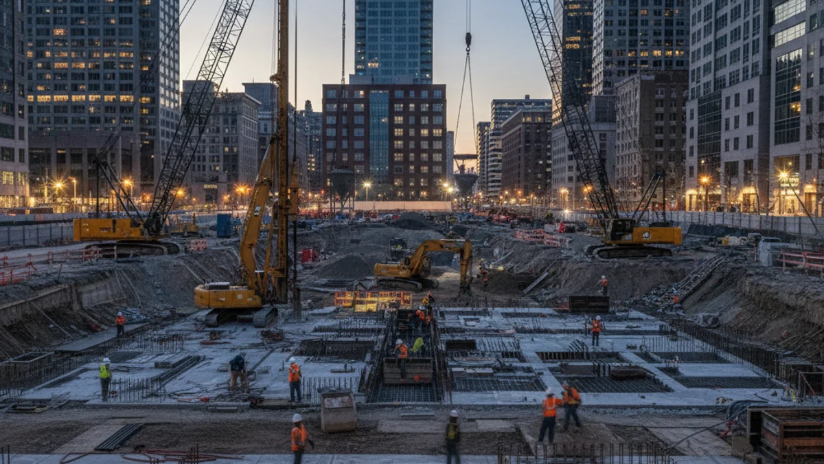 Vista de una gran zona de construcción urbana con grúas y cimientos, simbolizando la creación de un nuevo campus de salud e investigación.