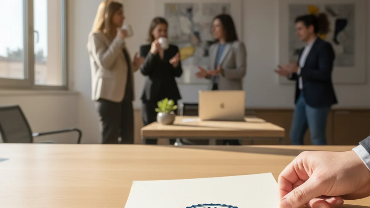 Imagen genérica de un despacho profesional donde se entrega un certificado de calidad empresarial.