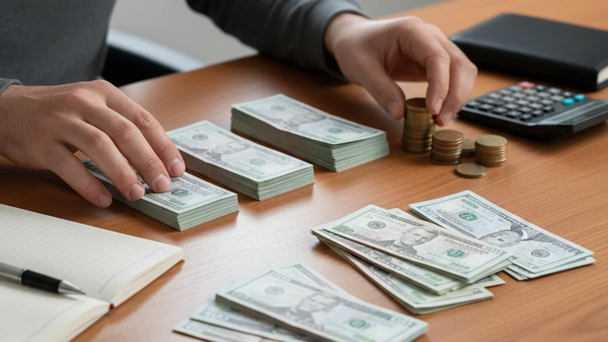 Ilustración conceptual de una mano contando monedas o billetes, simbolizando la gestión de las finanzas personales y el ahorro.