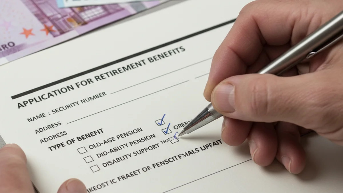 Una mano rellenando un formulario de solicitud sobre una mesa, con monedas cerca.