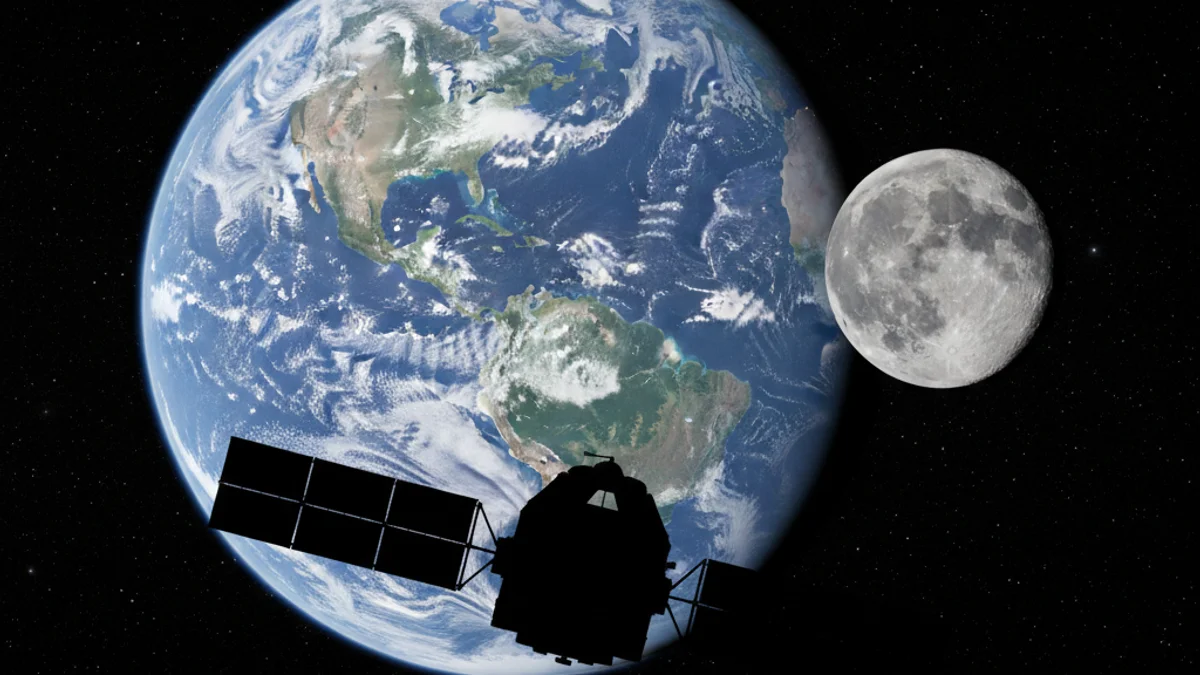 Representación de una nave espacial orbitando la Luna, simbolizando la misión Artemis II.