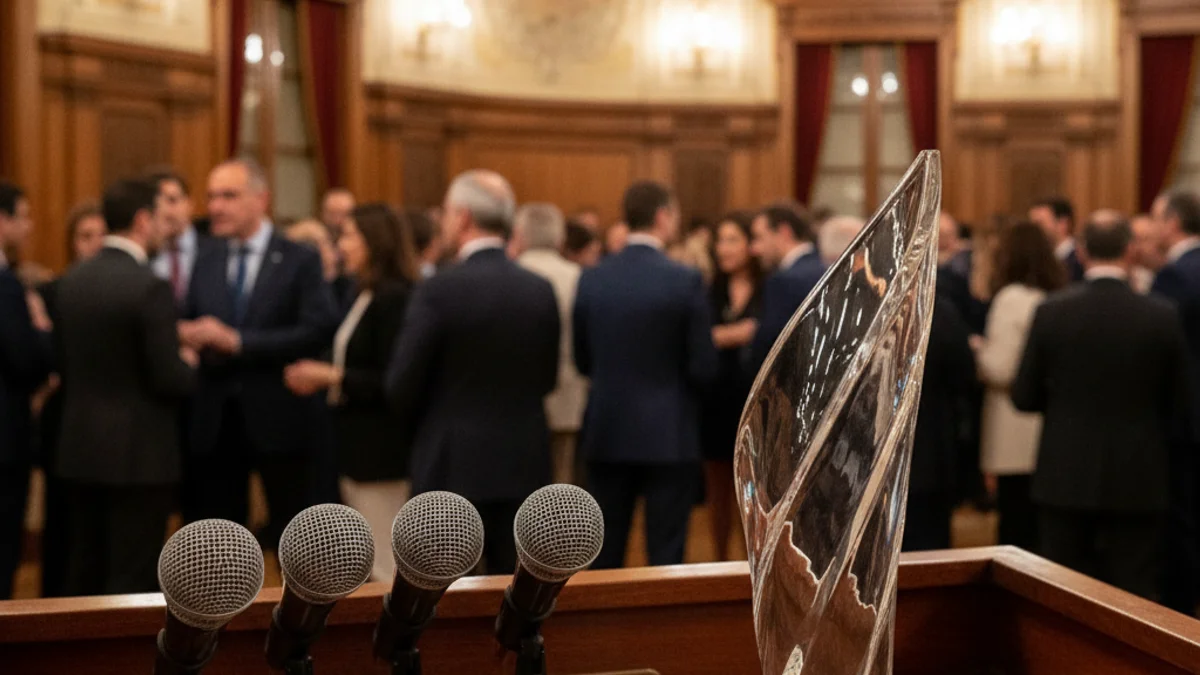Imagen genérica de un galardón empresarial sobre un podio en un acto institucional.