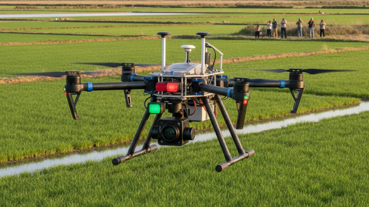 Imagen genérica de un dron sobrevolando arrozales para el análisis agrícola.