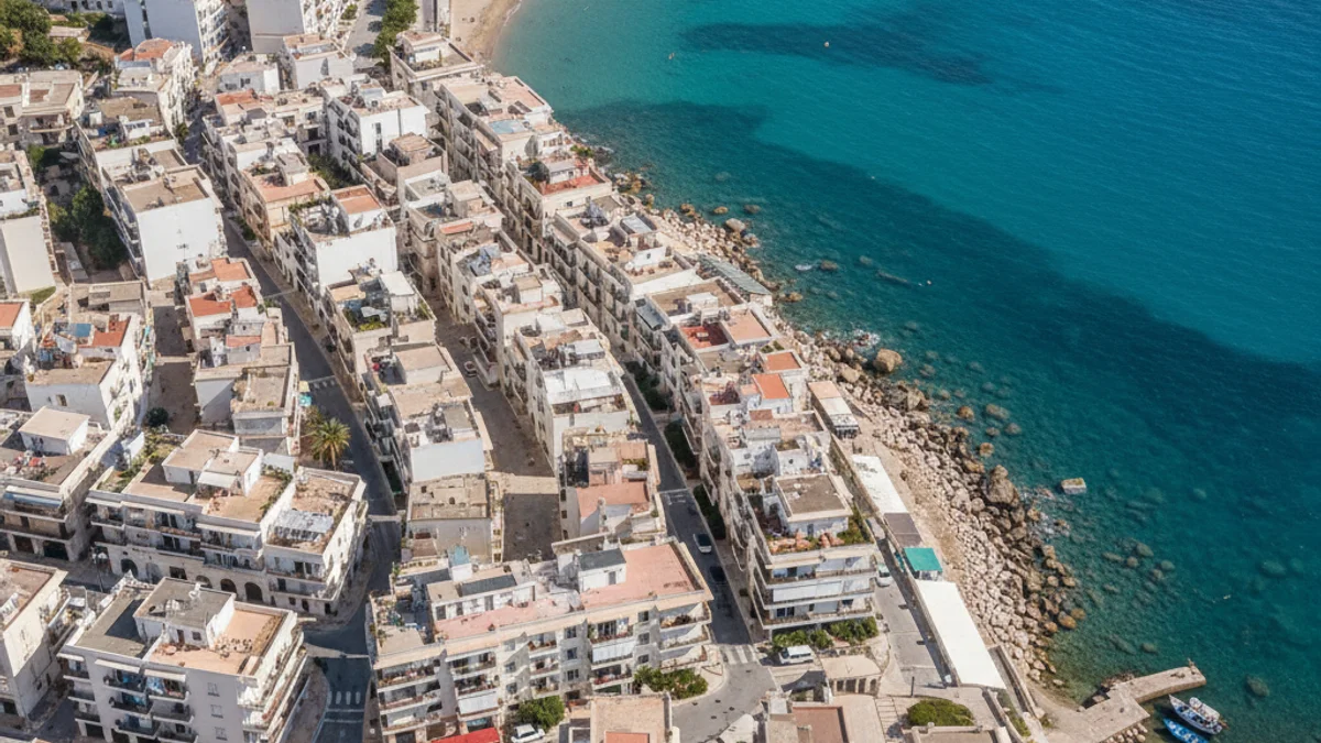 Vista aérea de una zona residencial costera con apartamentos y piscinas.