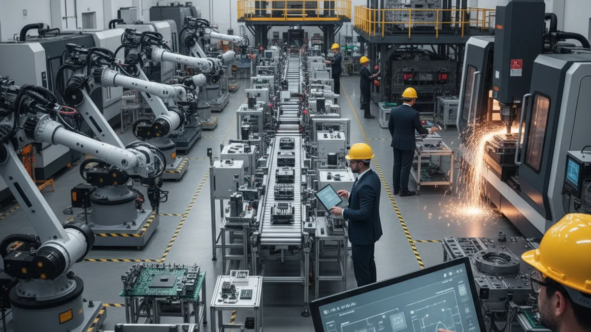 Representación abstracta de la industria y la economía, con engranajes y mapas regionales que simbolizan el desarrollo.