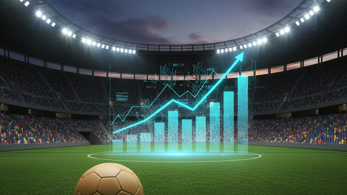 Imagen genérica de un balón de fútbol en un estadio vacío bajo los focos, representando la industria del fútbol europeo.