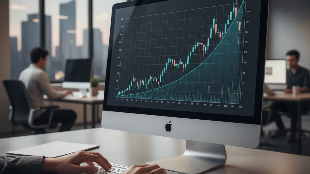 Gráfico financiero con tendencia al alza en una pantalla de ordenador, simbolizando beneficios récord.