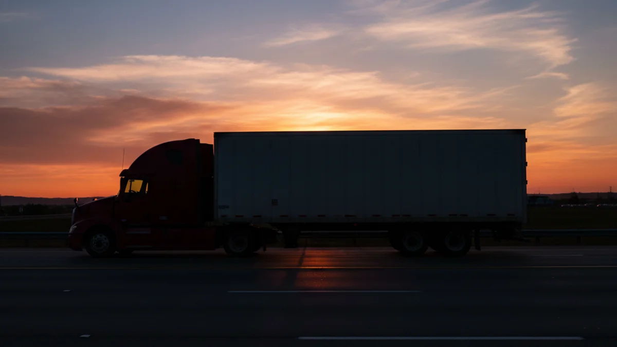 Imagen genérica de un camión de gran tonelaje circulando por una autopista europea al atardecer.