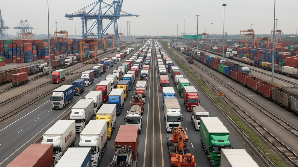 Camiones detenidos en una autopista congestionada cerca de una terminal de mercancías, simbolizando el colapso logístico.