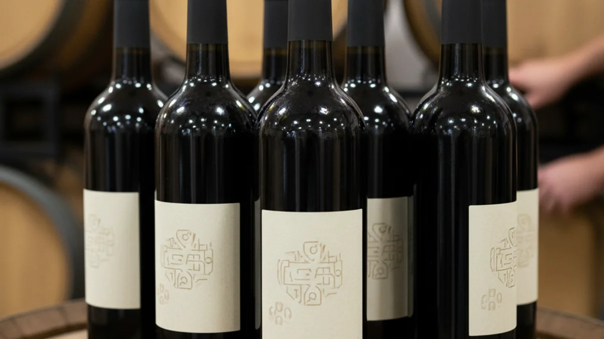 Botellas de vino tinto de calidad con etiquetas de reconocimiento en una bodega iluminada.