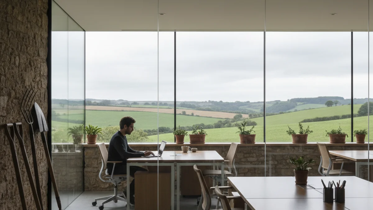 Representación visual de un centro de innovación o un espacio de coworking rural, con elementos tecnológicos y agrícolas.