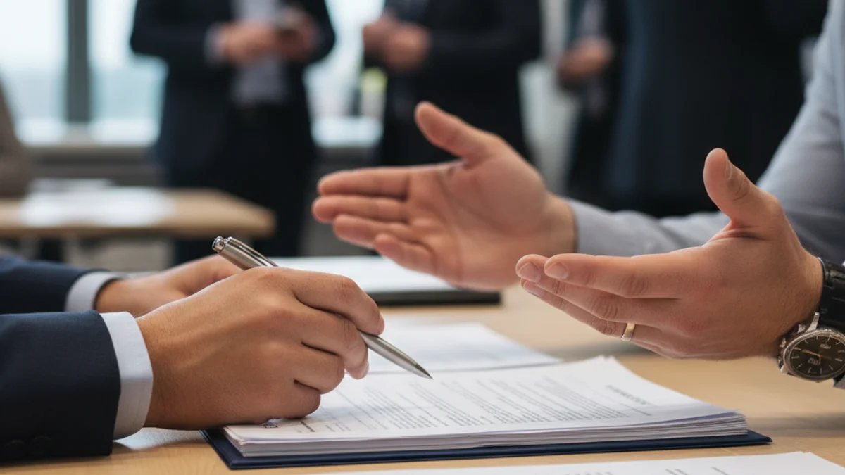 Imagen genérica de una oficina o un espacio de trabajo con figuras borrosas interactuando sobre documentos.