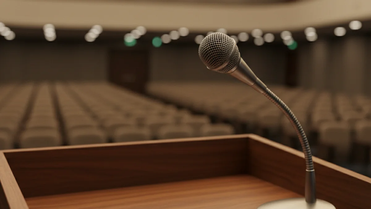 Detalle de un micrófono sobre un podi en una sala de conferencias moderna.