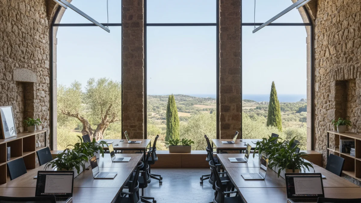 Espacio de coworking moderno con personas trabajando en un entorno rural.