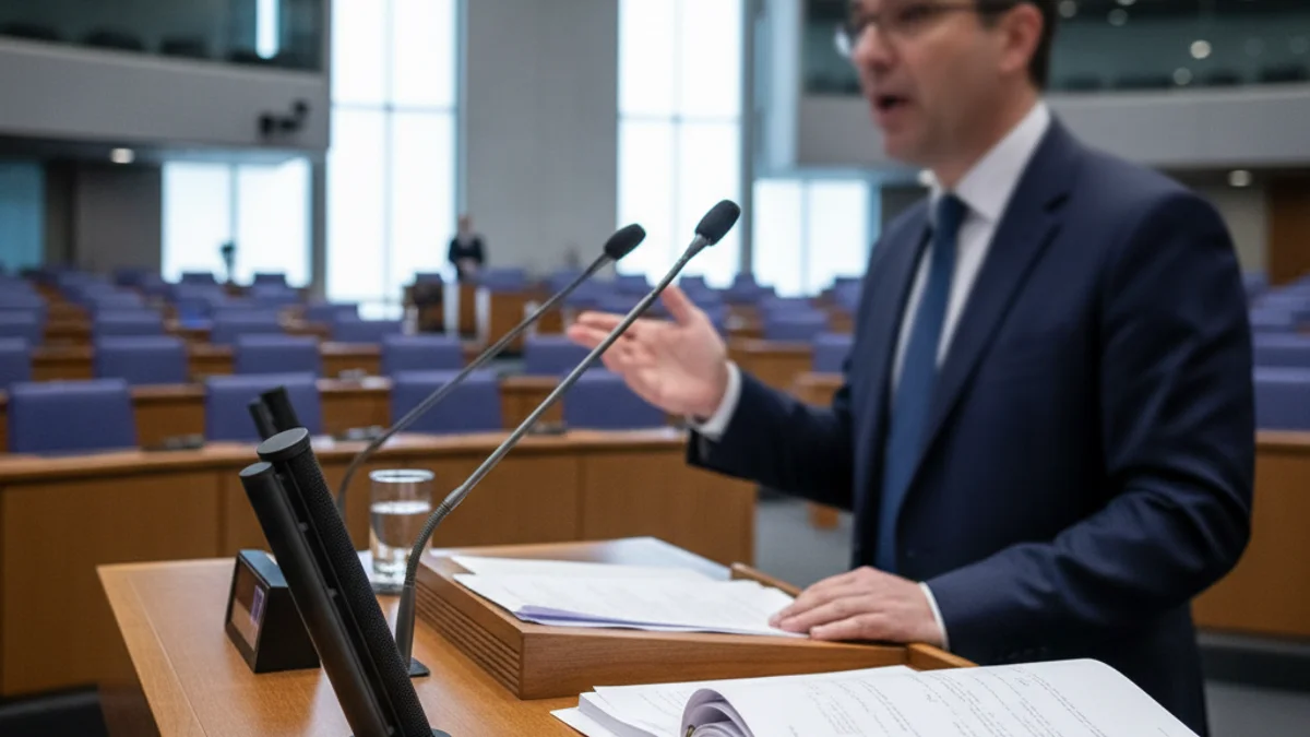 Imagen genérica de una sesión parlamentaria o una presentación económica con documentos y un micrófono.