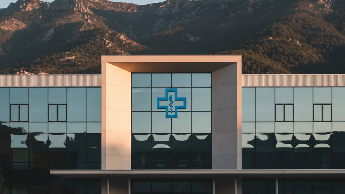 Imagen genérica de un centro hospitalario con montañas al fondo.