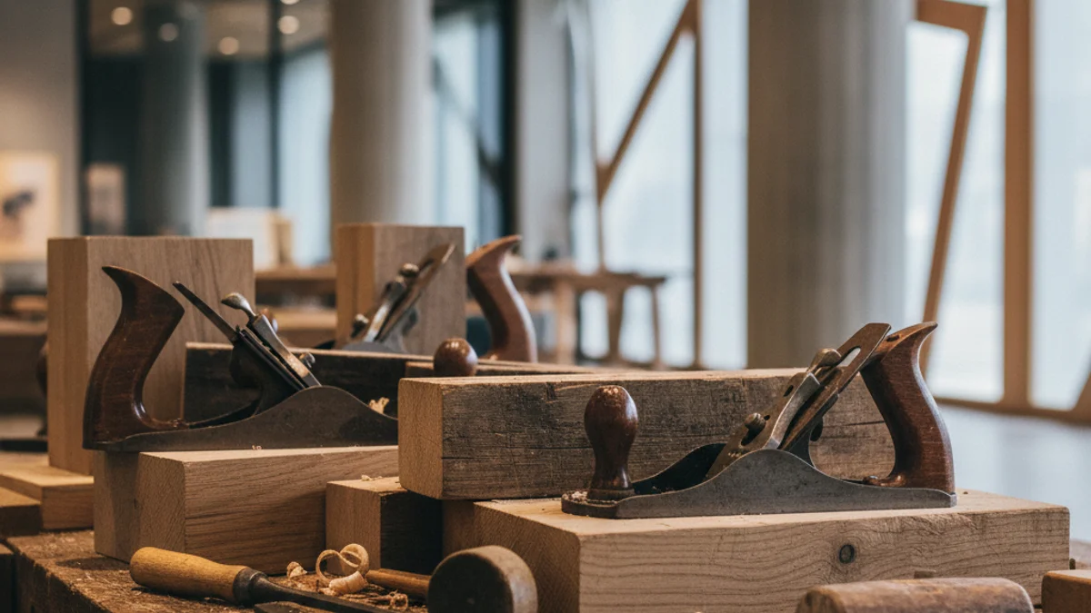 Imagen genérica de madera trabajada y herramientas de carpintería en un taller.
