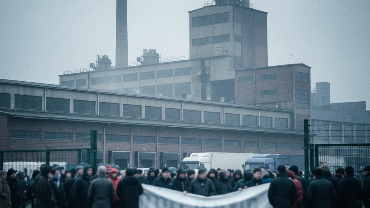 Imagen genérica de una planta industrial de fabricación de papel con trabajadores protestando en la entrada.