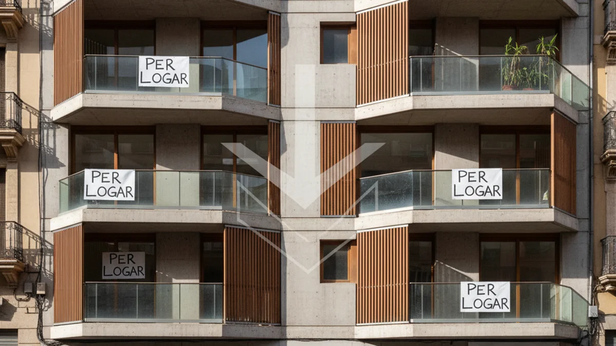 Imagen genérica de un edificio de viviendas con carteles de alquiler en los balcones.
