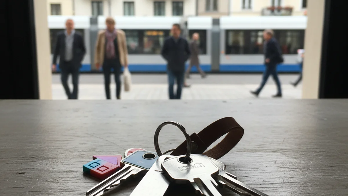 Imagen genérica de unas llaves de piso sobre una mesa con edificios al fondo.