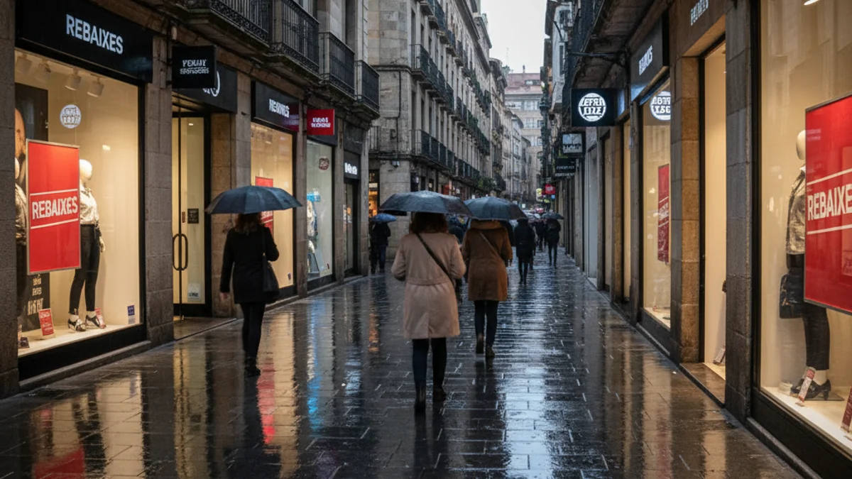 Imagen genérica de una calle comercial con el suelo mojado por la lluvia y carteles de rebajas en los escaparates.