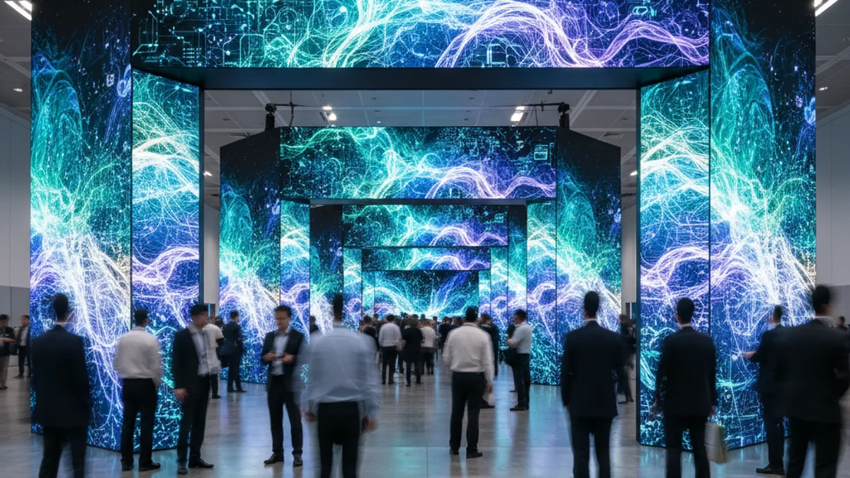 Vista general de un pabellón de la feria de tecnología con figuras borrosas y pantallas gigantes mostrando datos.