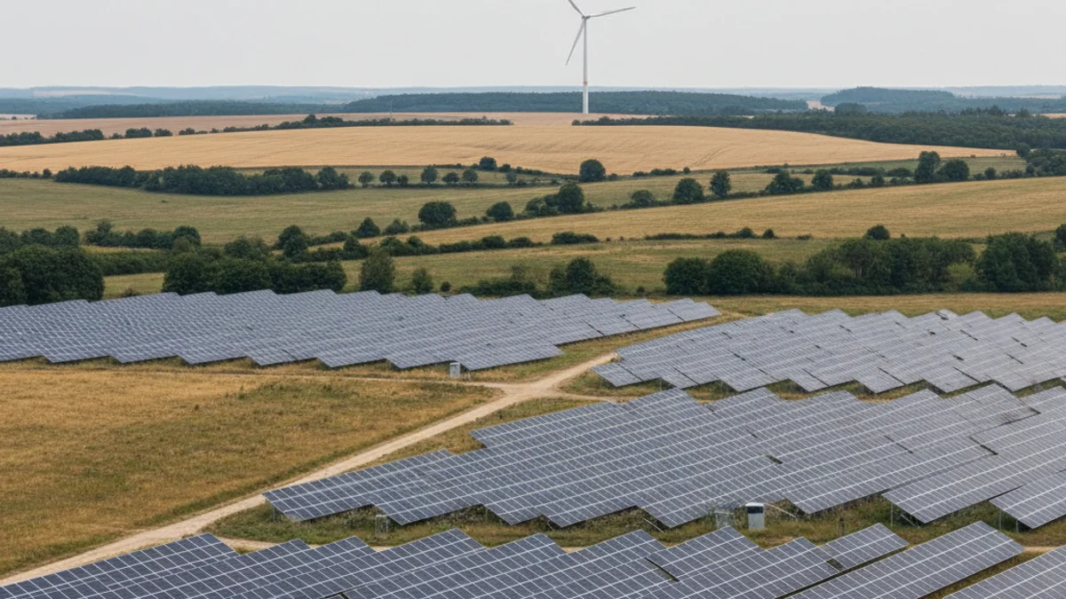 Paneles solares fotovoltaicos instalados en un campo o sobre un edificio industrial, con un aerogenerador al fondo.