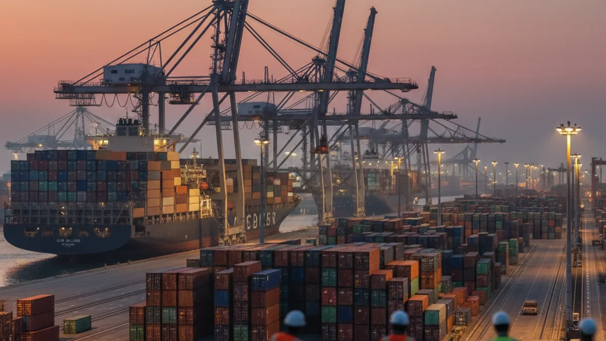 Vista de un puerto comercial con grandes grúas de carga y contenedores apilados, simbolizando el tráfico marítimo.