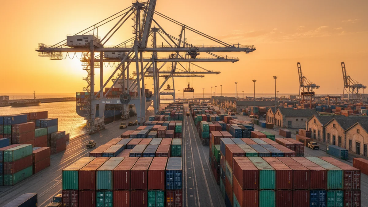 Imagen generica de las gruas y contenedores en un puerto comercial durante el atardecer.