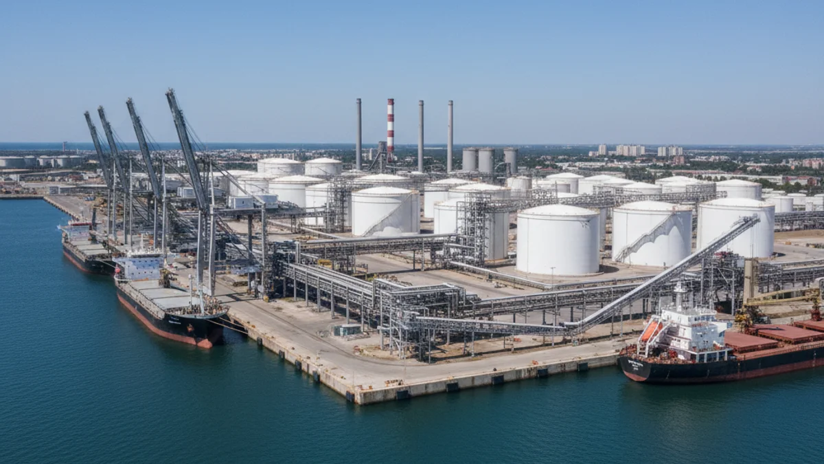 Vista general de una terminal portuaria industrial con tanques de almacenamiento y tuberías.