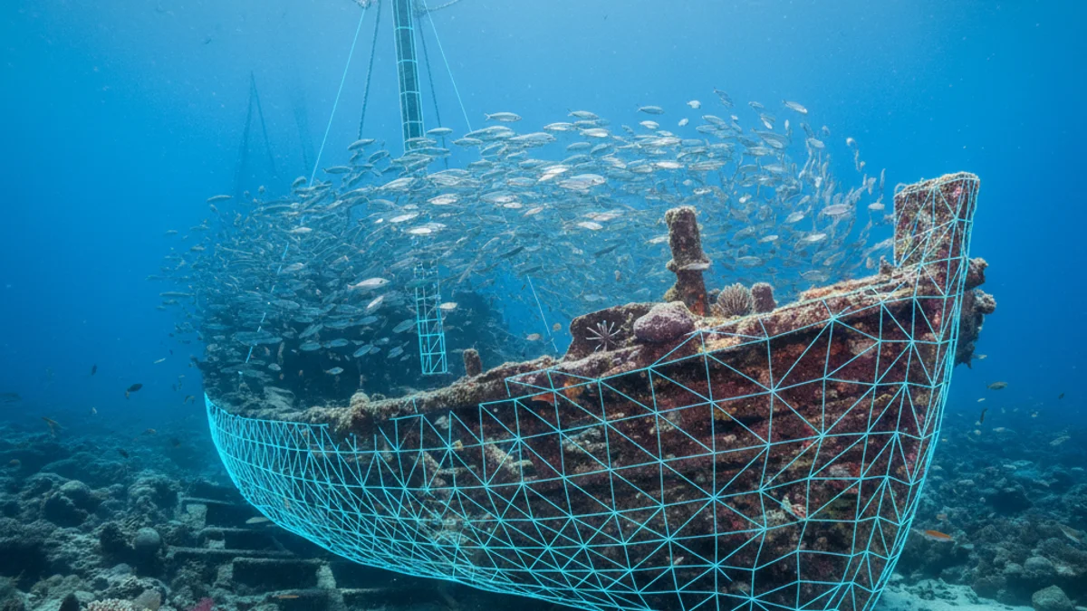 Imagen genérica de un barco hundido en el fondo del mar con una representación de mapeo digital.