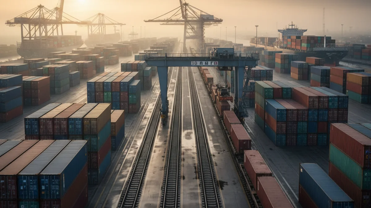 Imagen genérica de una terminal de contenedores con conexión ferroviaria.