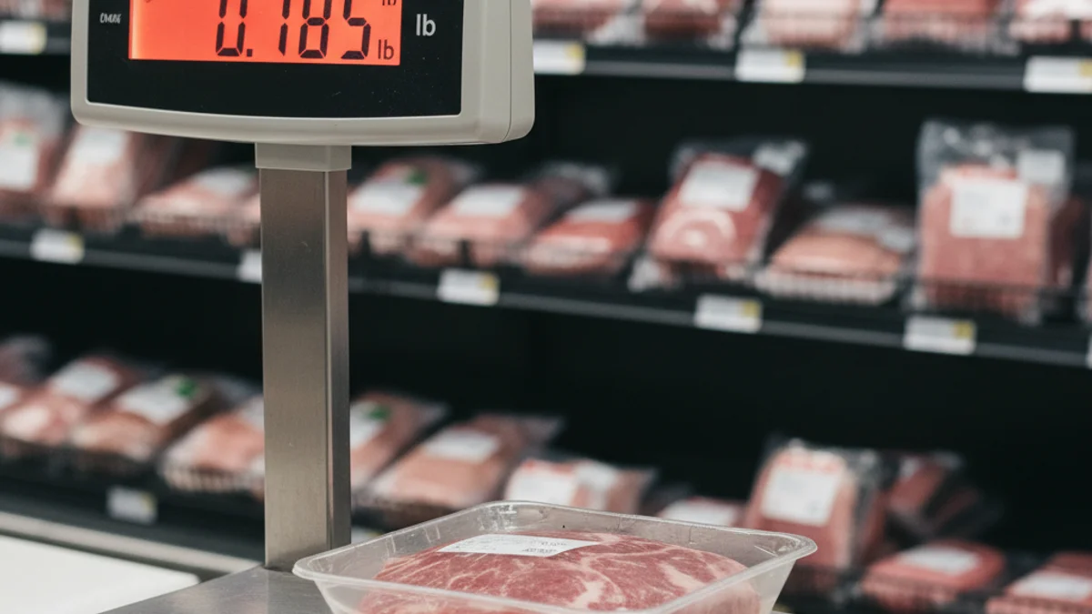 Detalle de una báscula en una carnicería con productos cárnicos de fondo desenfocados.