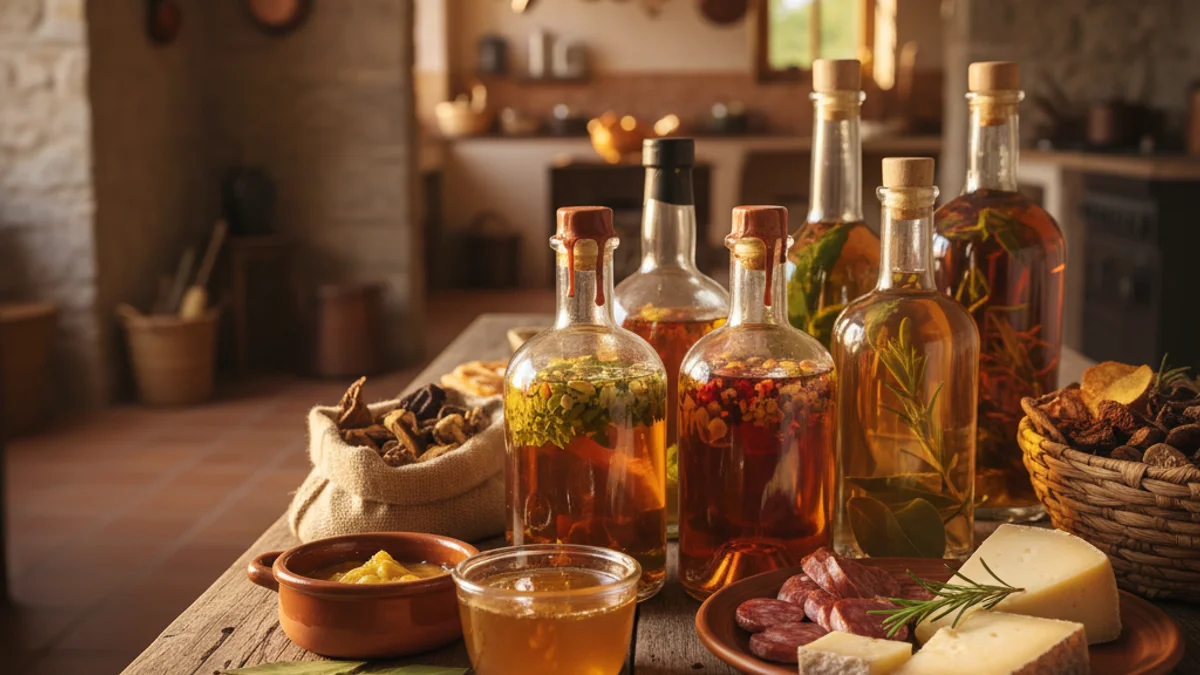 Imagen genérica de licores artesanos y productos gastronómicos de proximidad sobre una mesa de madera.