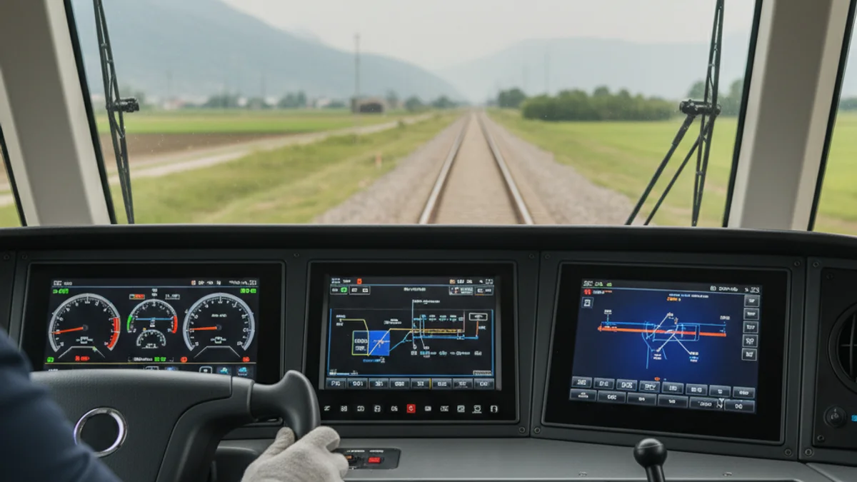 Imagen genérica de las manos de un maquinista de tren sobre los controles de la cabina, con la vía al fondo.