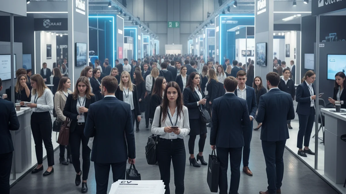 Imagen genérica de un grupo de jóvenes visitando los estands de una feria de empleo y formación.