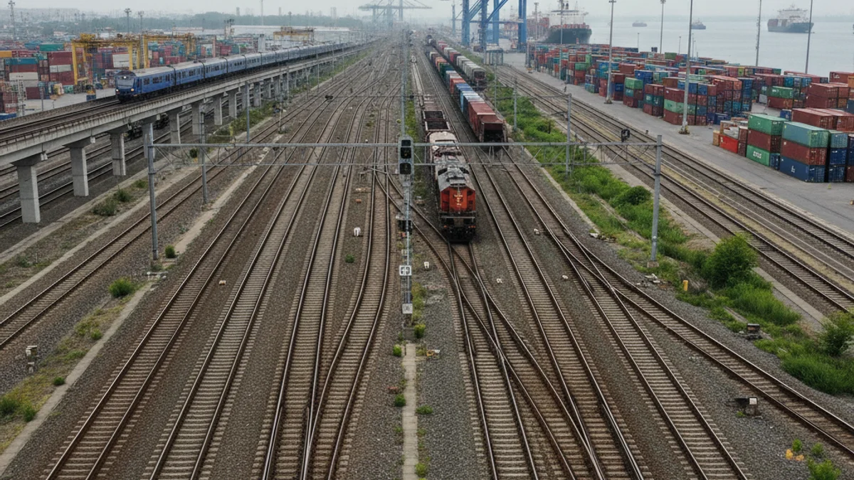 Imagen genérica de una vía de tren congestionada con un tren de mercancías esperando cerca de una zona portuaria.
