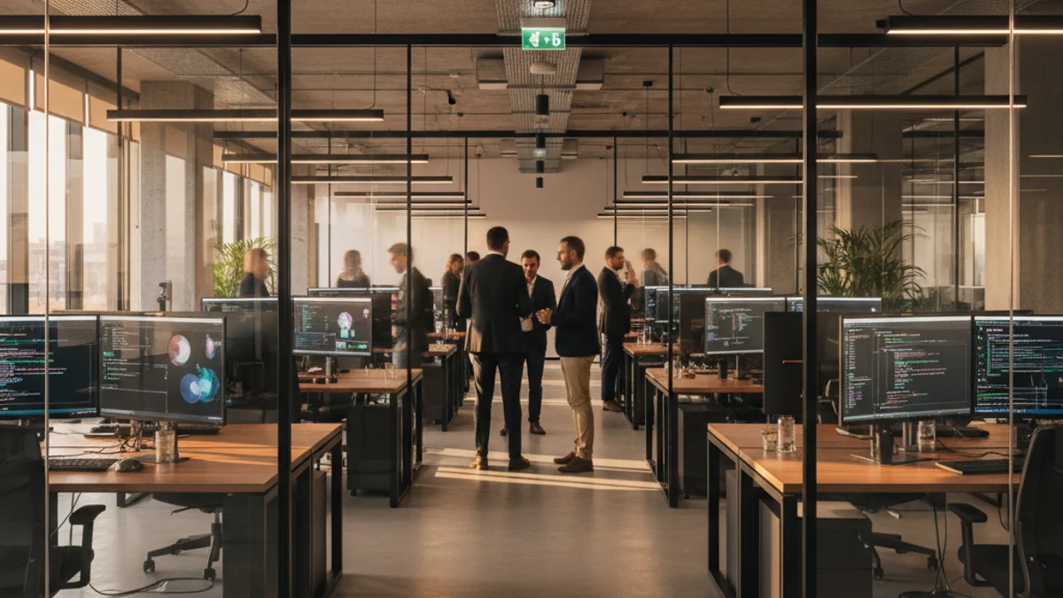 Imagen genérica del interior de un centro tecnológico moderno con pantallas de datos.