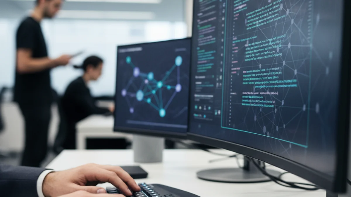Vista genérica de una oficina moderna con figuras borrosas trabajando en ordenadores, simbolizando el crecimiento del sector tecnológico.