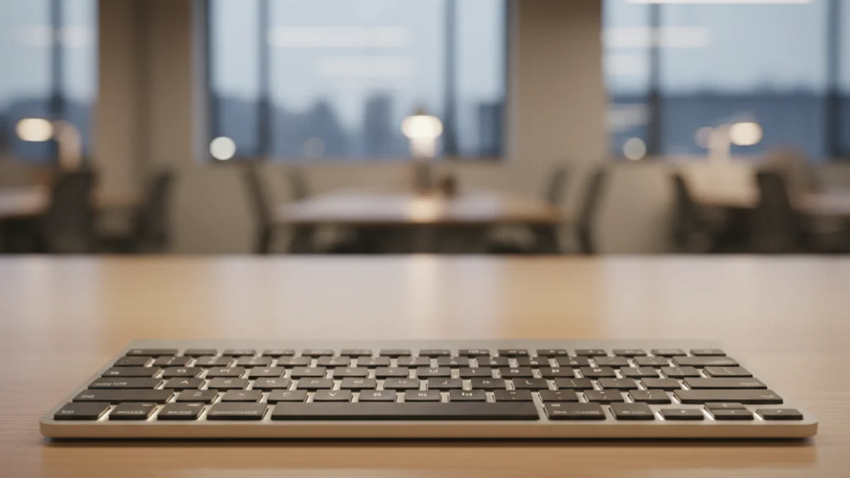 Imagen de un teclado de ordenador en un entorno de oficina tecnológica.