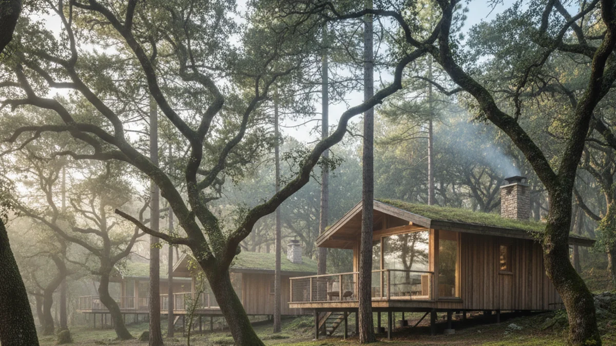 Imagen genérica de unas cabañas de madera integradas en un bosque mediterráneo.