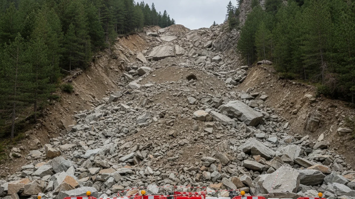 Imagen genérica de una carretera de montaña cortada por un gran desprendimiento de rocas.