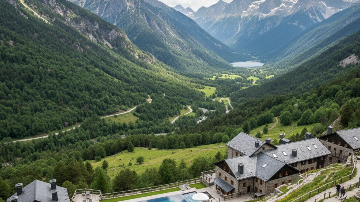 Vista genérica de una estación de esquí o un paisaje de montaña en el Pirineo con alojamientos turísticos.
