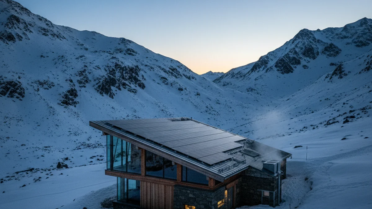 Imagen genérica de un edificio sostenible con placas solares en un entorno de alta montaña nevado.