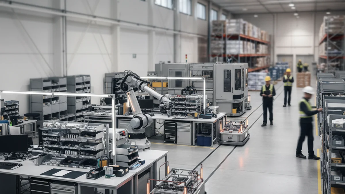 Interior de una nave industrial moderna con maquinaria y siluetas de trabajadores al fondo.
