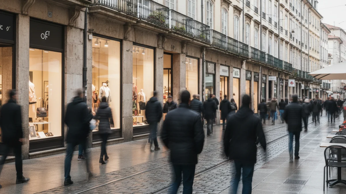 Una calle comercial con peatones y escaparates de tiendas locales.