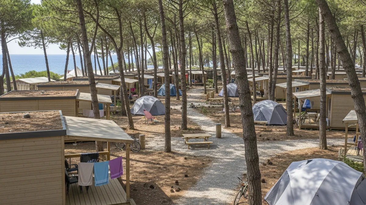 Vista aérea de un camping con bungalows y zonas arboladas en un entorno natural.